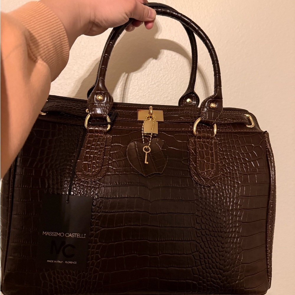 Massimo Castelli Brown Croc-Embossed Large Leather Bag - Picture 9 of 11
